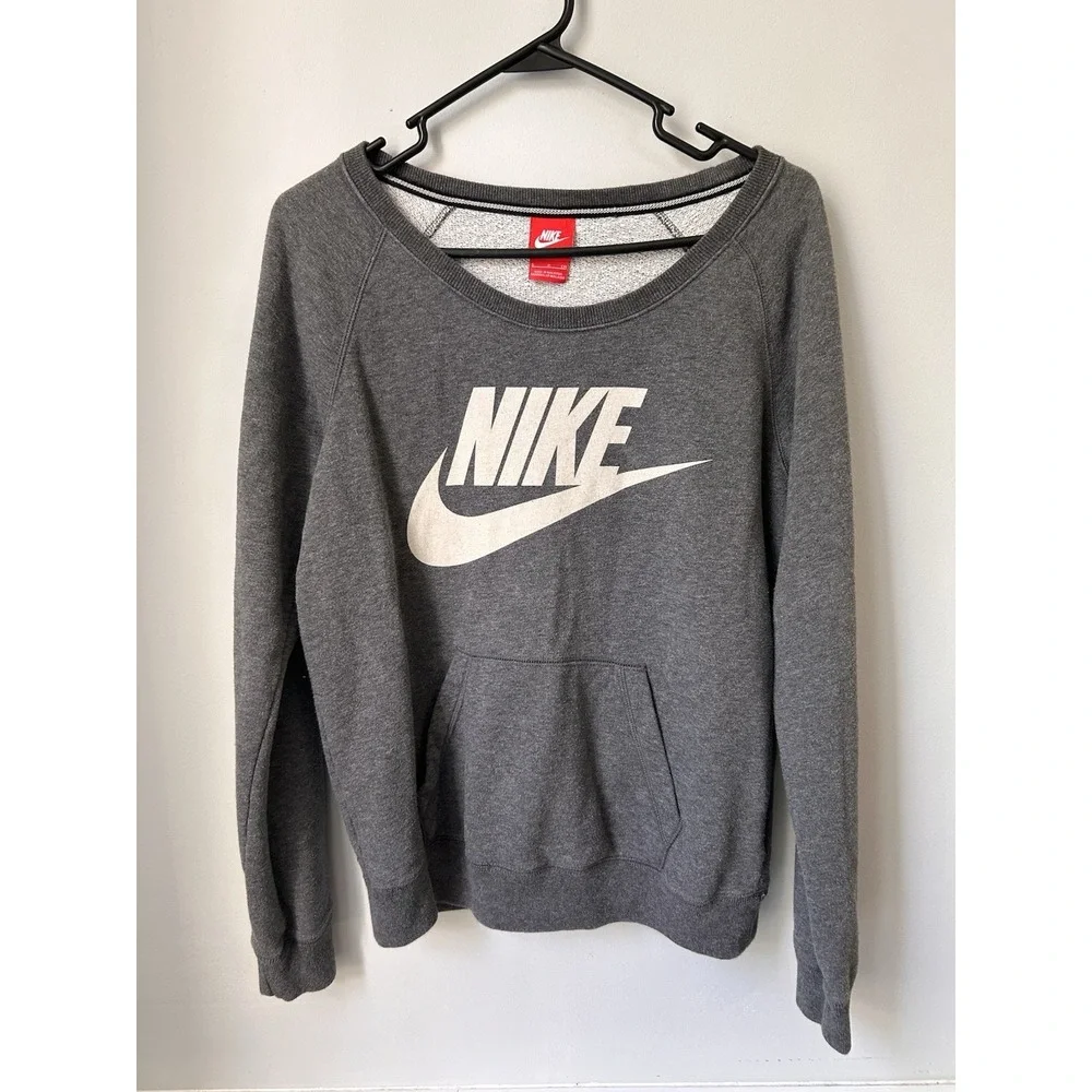 Womens Nike Grey White Vintage Swoosh Logo Wide Neck Sweatshirt Pullover Small